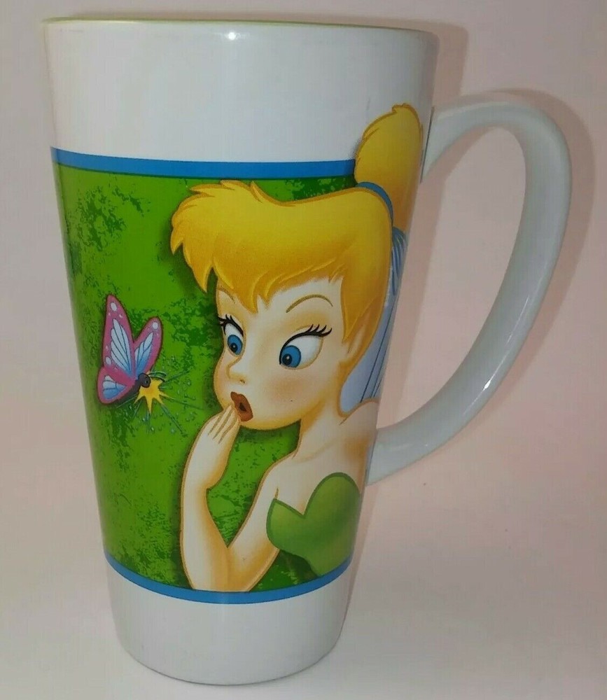 Disney Store Tinkerbell Green White Fairies Tall Coffee Mug Cup 16 oz. Ceramic